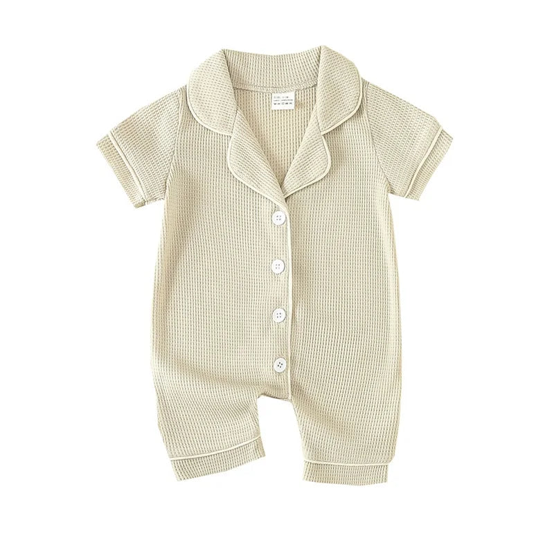 0-24months Baby Romper Pajama Lapel Neck Short Sleeve Trim Button Down Waffle Jumpsuit Infant Toddler Boys And Girls Sleepwear