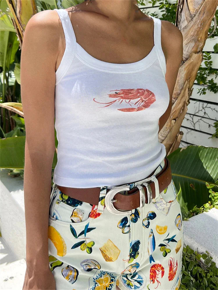 CHRONSTYLE Women Summer Print Cropped Tank Tops Slim Fit Round Neck Sleeveless Vest Tops Slim Fit Casual Clothes Streetwear 2024