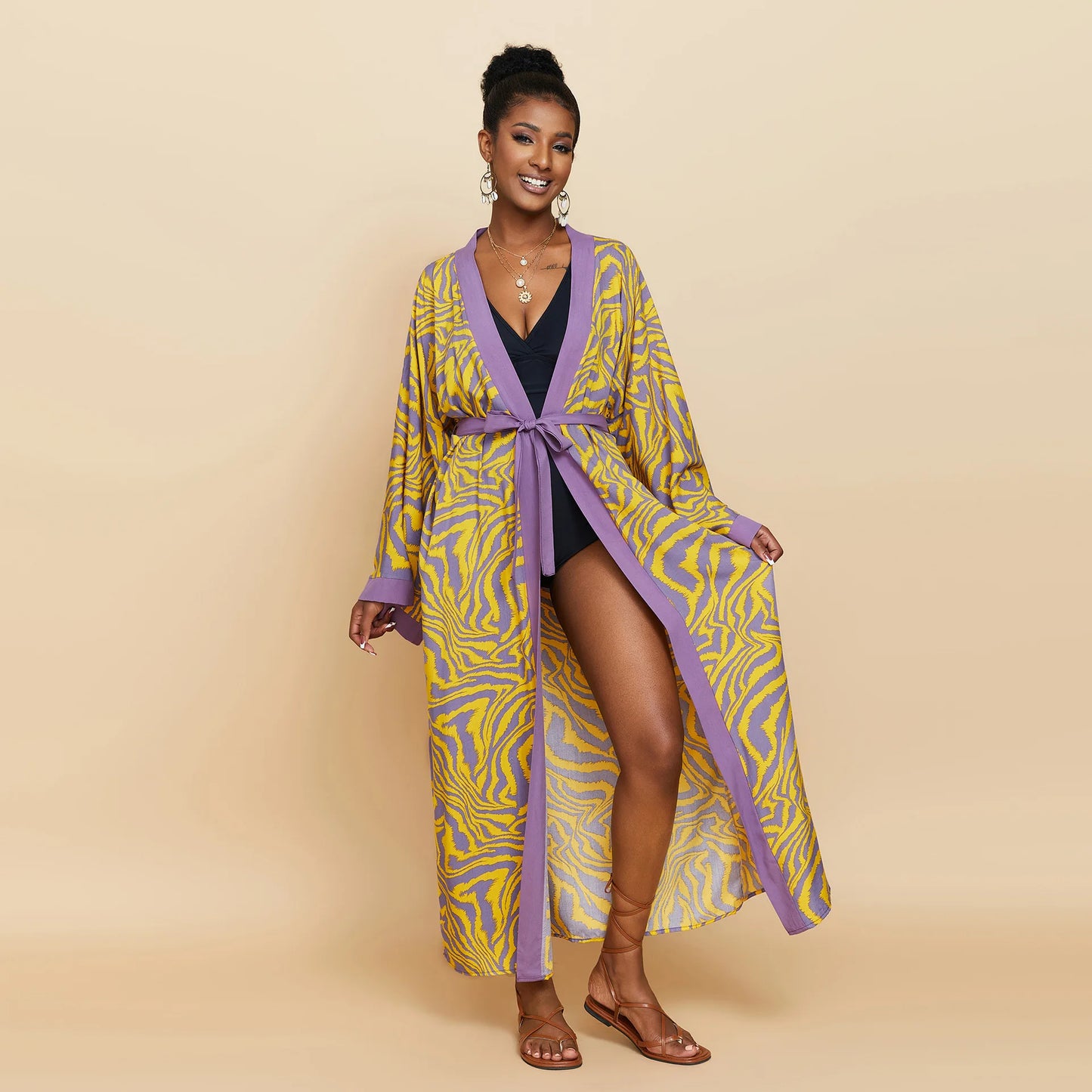 Women Long Beach Kimono Curve Hem Loose Open Front Tie Dye Bathing Suit Cover up