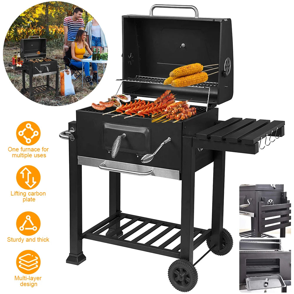 BBQ Grill with Wheels Camping Outdoor Barbecue BBQ Grill for Picnic Multi-function Barbecue Stove With shelf and thermometer
