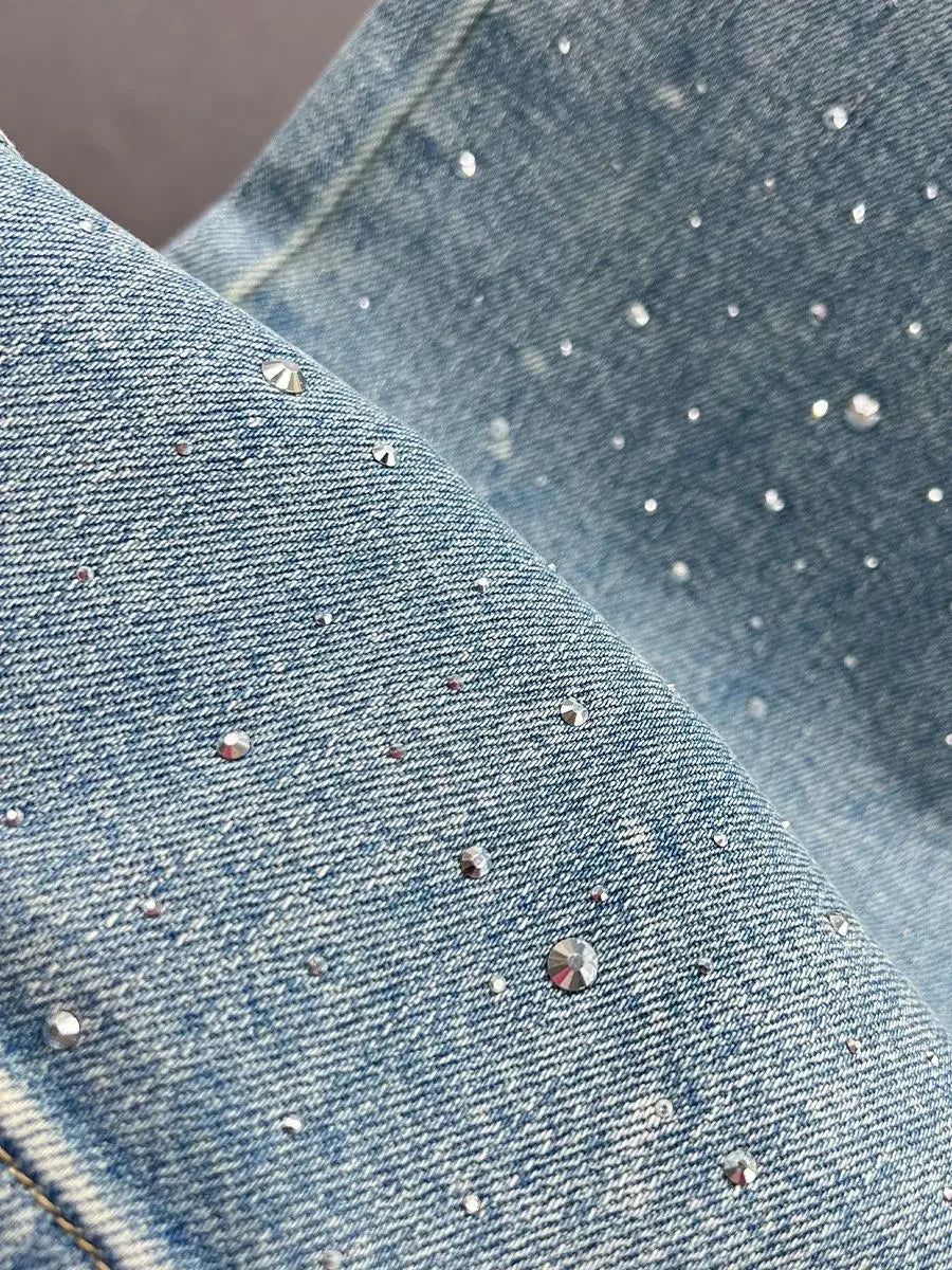 Rhinestone Pendant Design High Waist Wash Jeans Women's Summer Loose Slimming and All-Matching Straight-Leg Pants