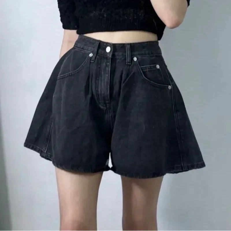 REALEFT Summer High Waist Women's A-line Denim Shorts Pocket 2025 New Single Button Casual Loose Wide Leg Jeans Shorts Female