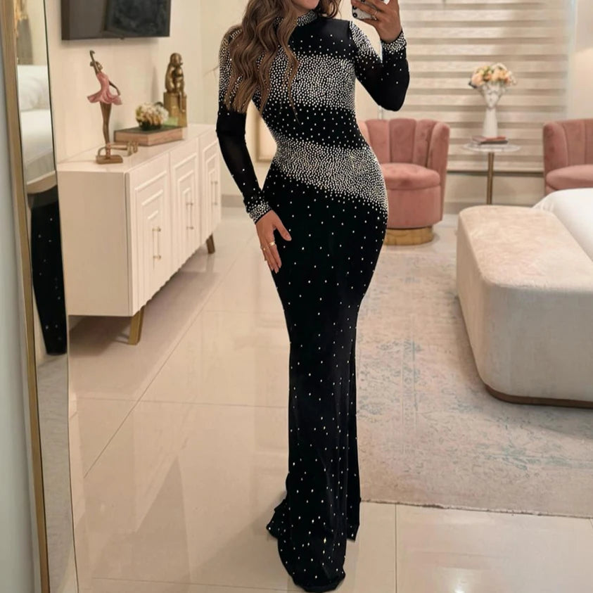 Women Evening Dresses High Neck Shiny Rhinestones Cocktail Elegant Party Dress Luxury Long Sleeve Formal Prom Dresses XSY015