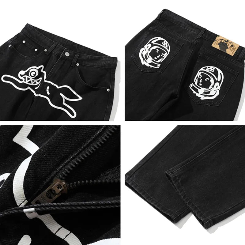 2024 Cyber Y2K Fashion Flying Dog Printed Baggy New Jeans Pants For Men Designer Clothes Luxury Kanye Straight Cowboy Trousers