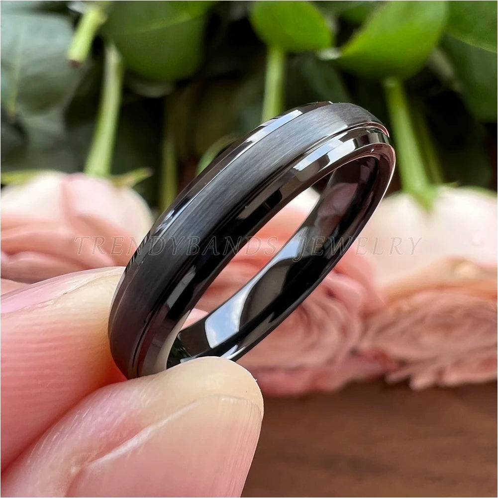 4mm Black Womens Mens Jewelry Tungsten Carbide Ring Wedding Band With Stepped Beveled Edges Brushed Finish Comfort Fit