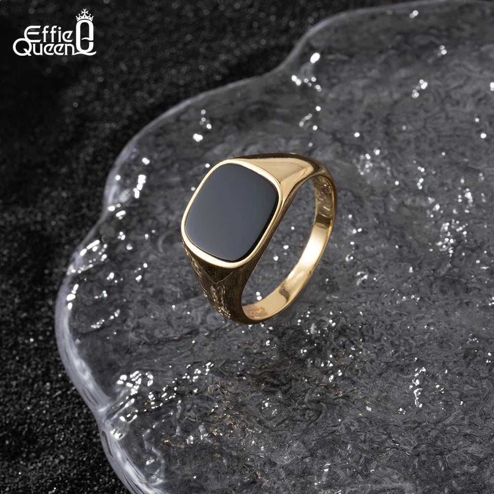 Inele Effie Queen Eternity din argint 925, aur de 18K, 12 mm, design minimalist cu agat negru, mărime 10/11/12/13, cadou de petrecere NMR01
