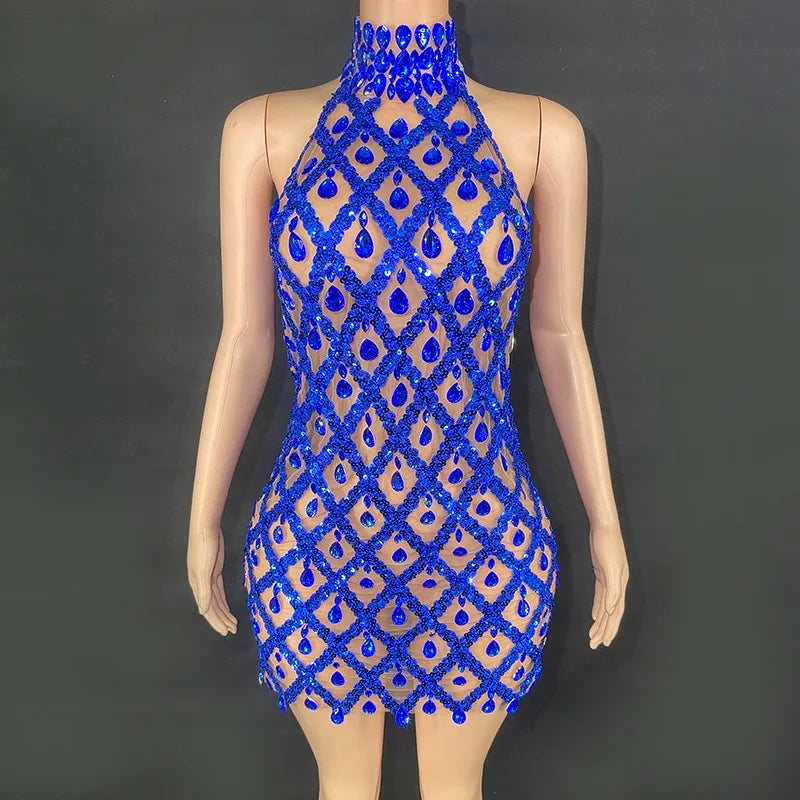 New Mesh Dress Luxury Evening Celebrate Prom Birthday Party Transparent Gold Black Sequins Rhinestones Short Singer Stage Wear