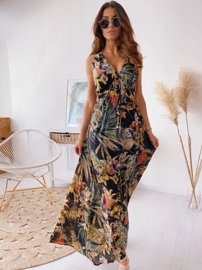 Women's Summer New Fashionable Printed Sexy V-neck Sleeveless Bareback Strap With Waist Drawstring Casual Loose Long Dress