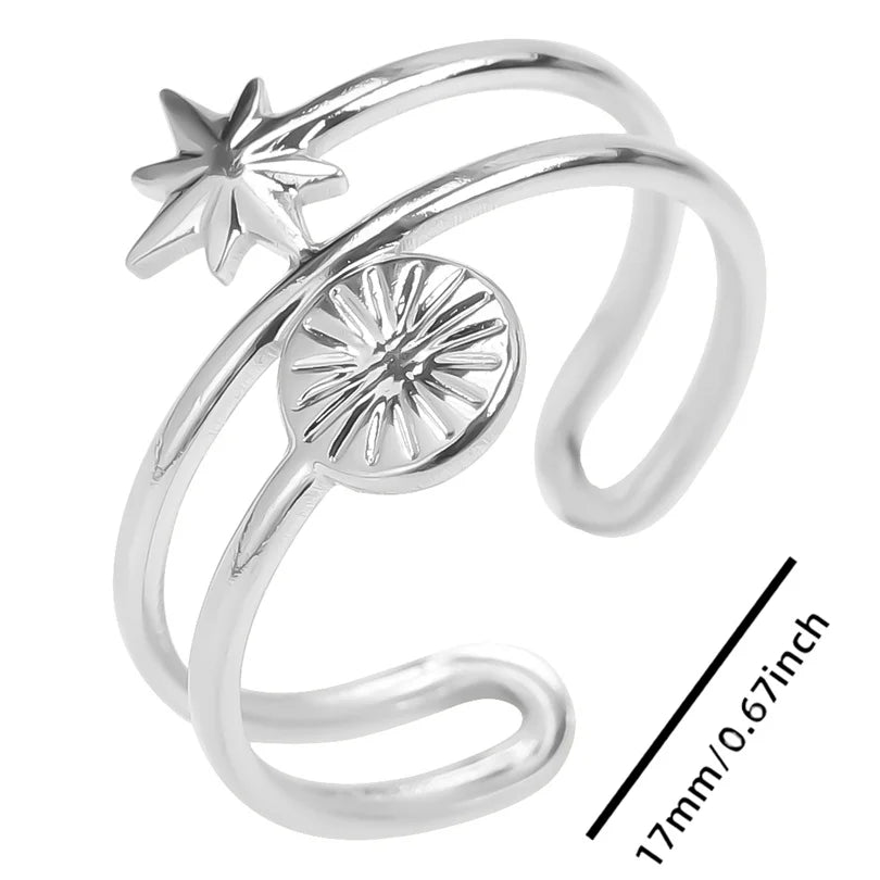 Wholesale 6pcs Steel Color Rings Hug Snake Love Star Moon Shell Leaf Shaped Rings Stainless Steel Women Jewelry Charms No Fade