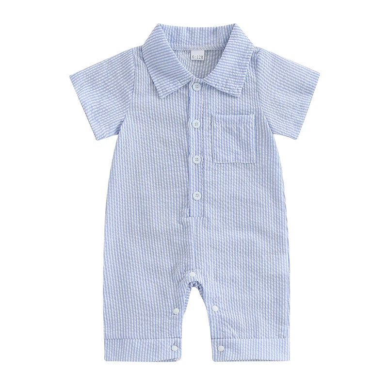 0-18M Newborn Baby Boy Summer Clothes Stripe Short Sleeve Dress Shirt Romper Button Jumpsuit Gentleman Outfit