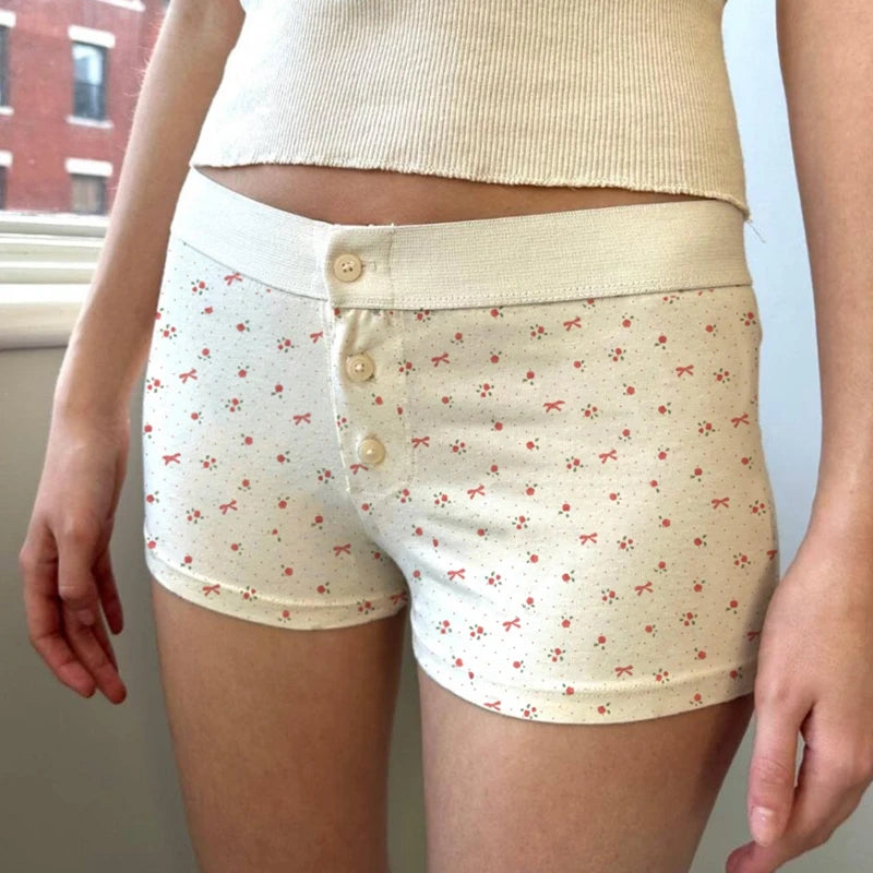00s Cottage Cute Button Shorts Y2k Aesthetic Elastic Waist Pajama Pants Comfy Soft Sleep Bottoms Teen Girl Women Retro Shorts