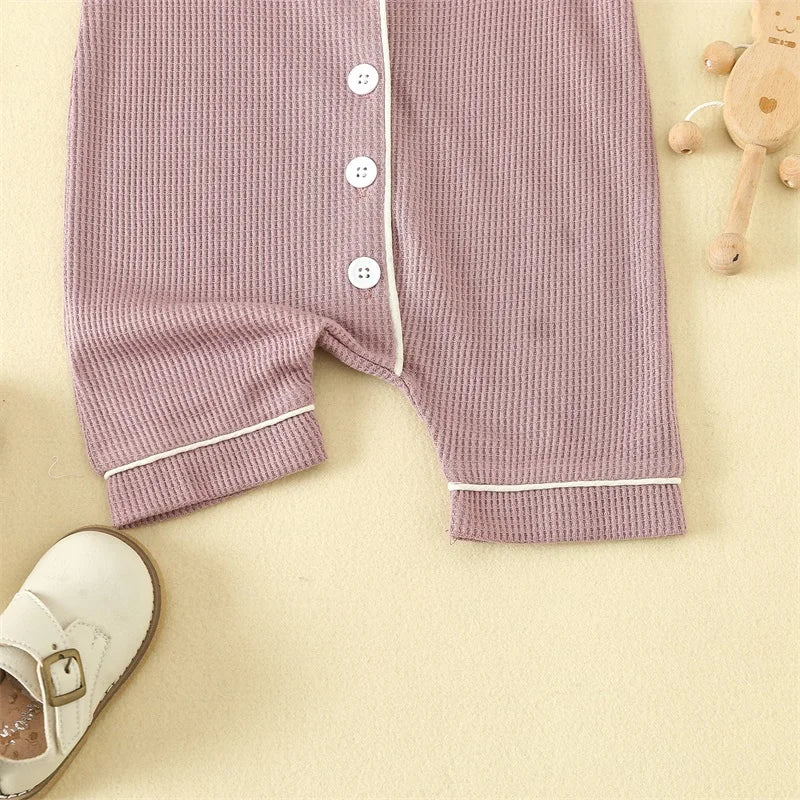0-24months Baby Romper Pajama Lapel Neck Short Sleeve Trim Button Down Waffle Jumpsuit Infant Toddler Boys And Girls Sleepwear