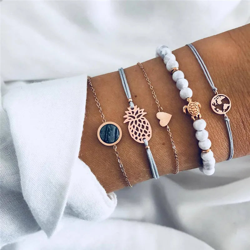 YOBEST 2024 New Heart Beads Chain Bracelets for Women, Silver Color Trendy Geometric Bracelets Set, Party Jewelry Accessories