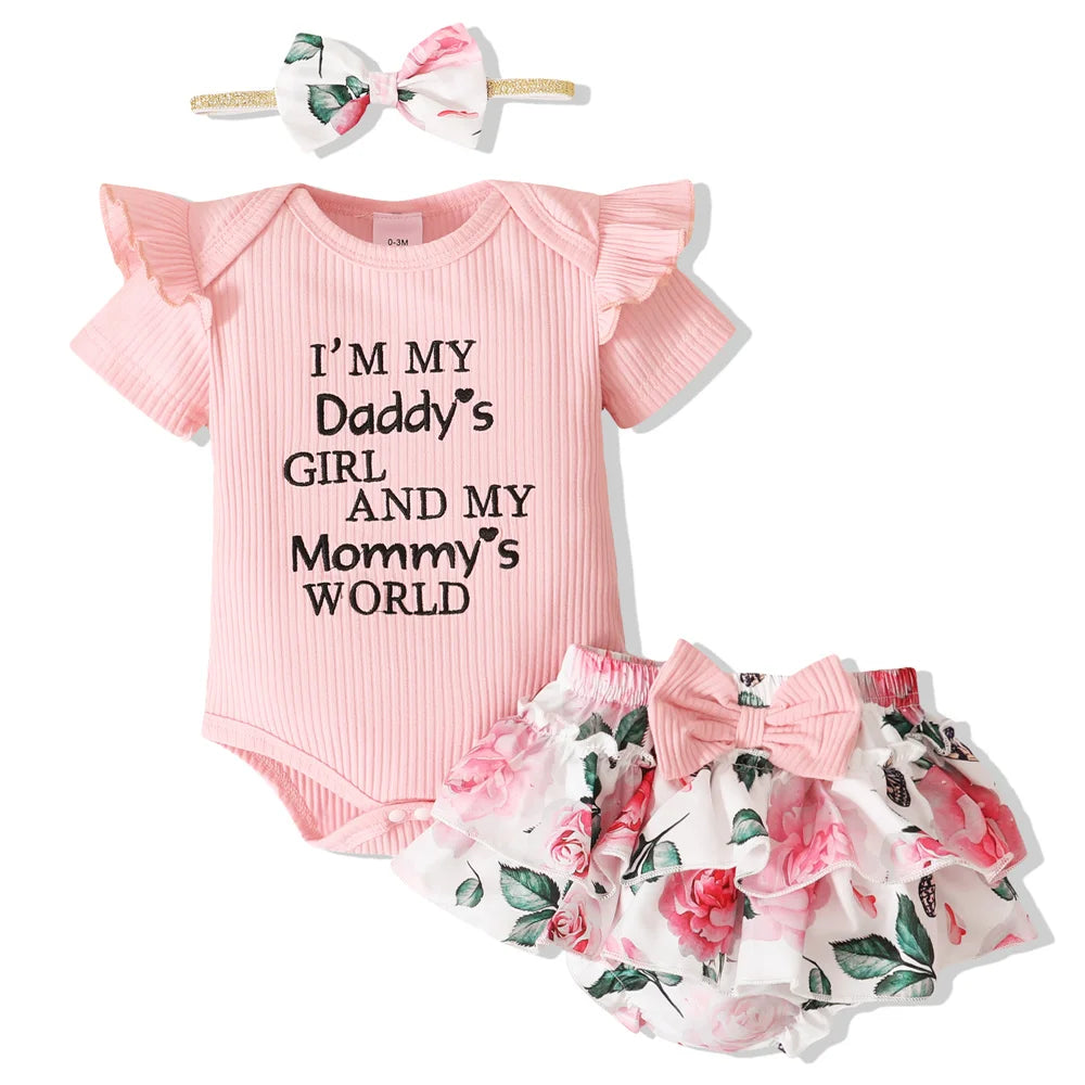0-18Months Toddler Baby Girl 3Pcs Costumes Set Newborn Baby Girl Ruffle Short Sleeved Romper + Short Pants Skirt Infant Girl Set