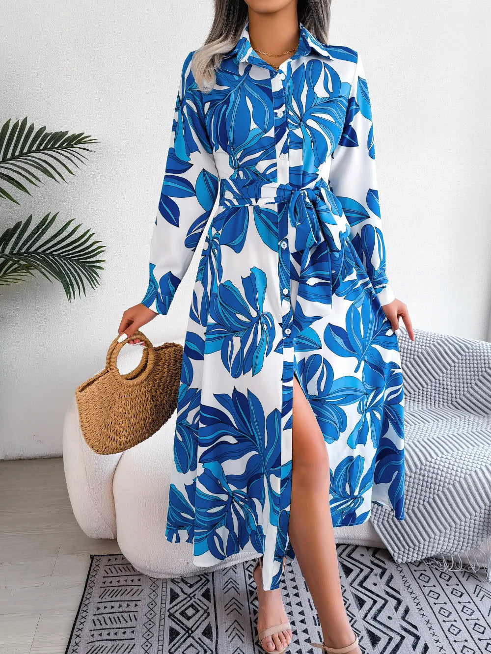 Women's Spring Summer New Fashion Print Contrasting Flower Lapel Tie Waist Cinched Long Sleeved Shirt Skirt Mid Length Skirt