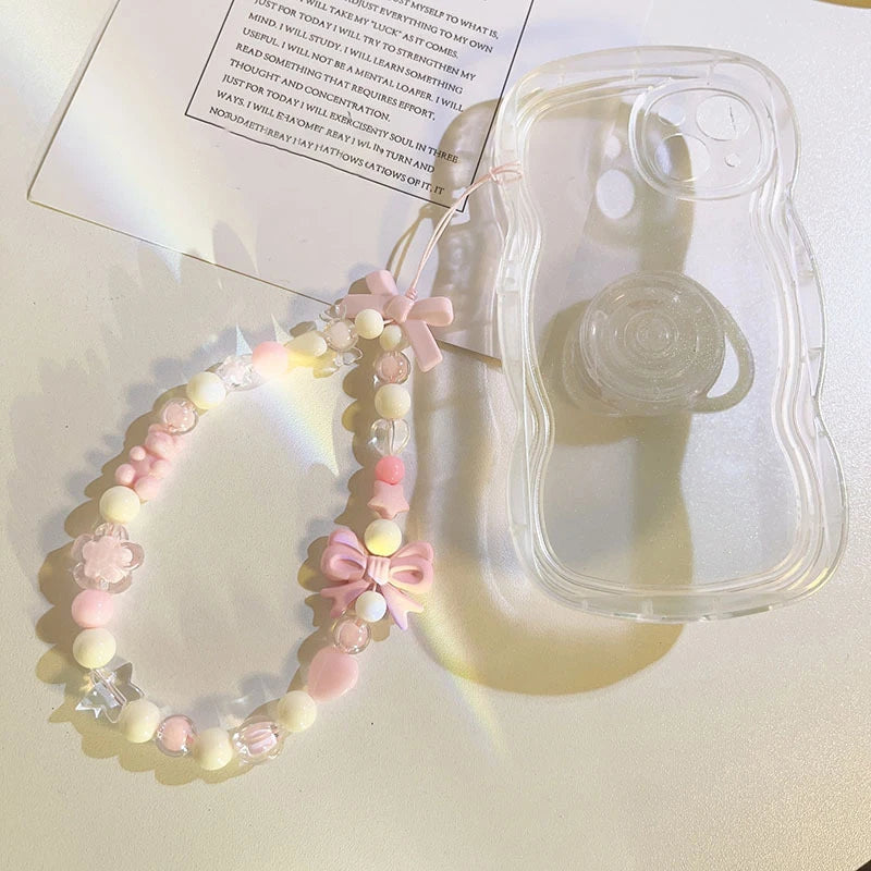 Bowknot Beaded Mobile Phone Chain Charm Acrylic Heart Beaded Pendant Phone Hanging Lanyard Strap Women Girls Sweet Accessories