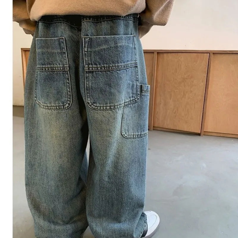 2-10Y Kids Jeans 2025 Trendy Cool Street Pants Children's Spring Autumn Kid's Denim Trousers New Boys Girls Wide Leg Loose Pants