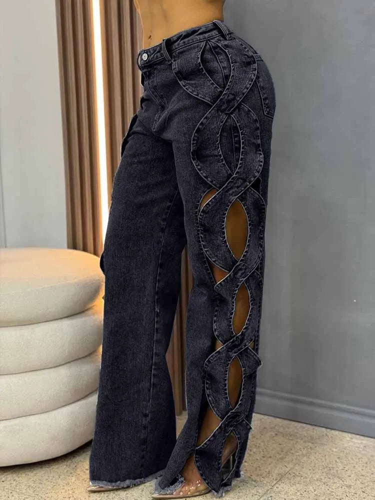 BKQU Fashion Streetwear Y2k Hollow Out Jeans Women High Waist Side Cross Cutout Wide Leg Blue Denim Pants Elegant Party Jean2025