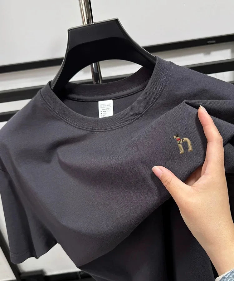 100% pure cotton new high-end brand men's round neck short sleeved T-shirt summer fashion dog embroidery Korean loose design top