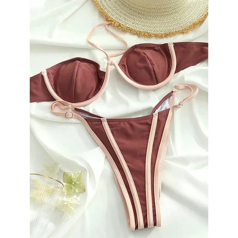 OIINAA Bathing Suit Women Sexy Solid Bikini Set Halter Leopard Printed Swimwear Patchwork Lace Up Two-pieces New Thong Beachwear