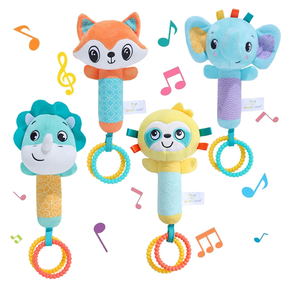 Baby Rattles Soft Hand Crank Toys Cartoon Animal with BB Call Voice Plush Toys Squeaky Sensory Travel Accessories for Toddler