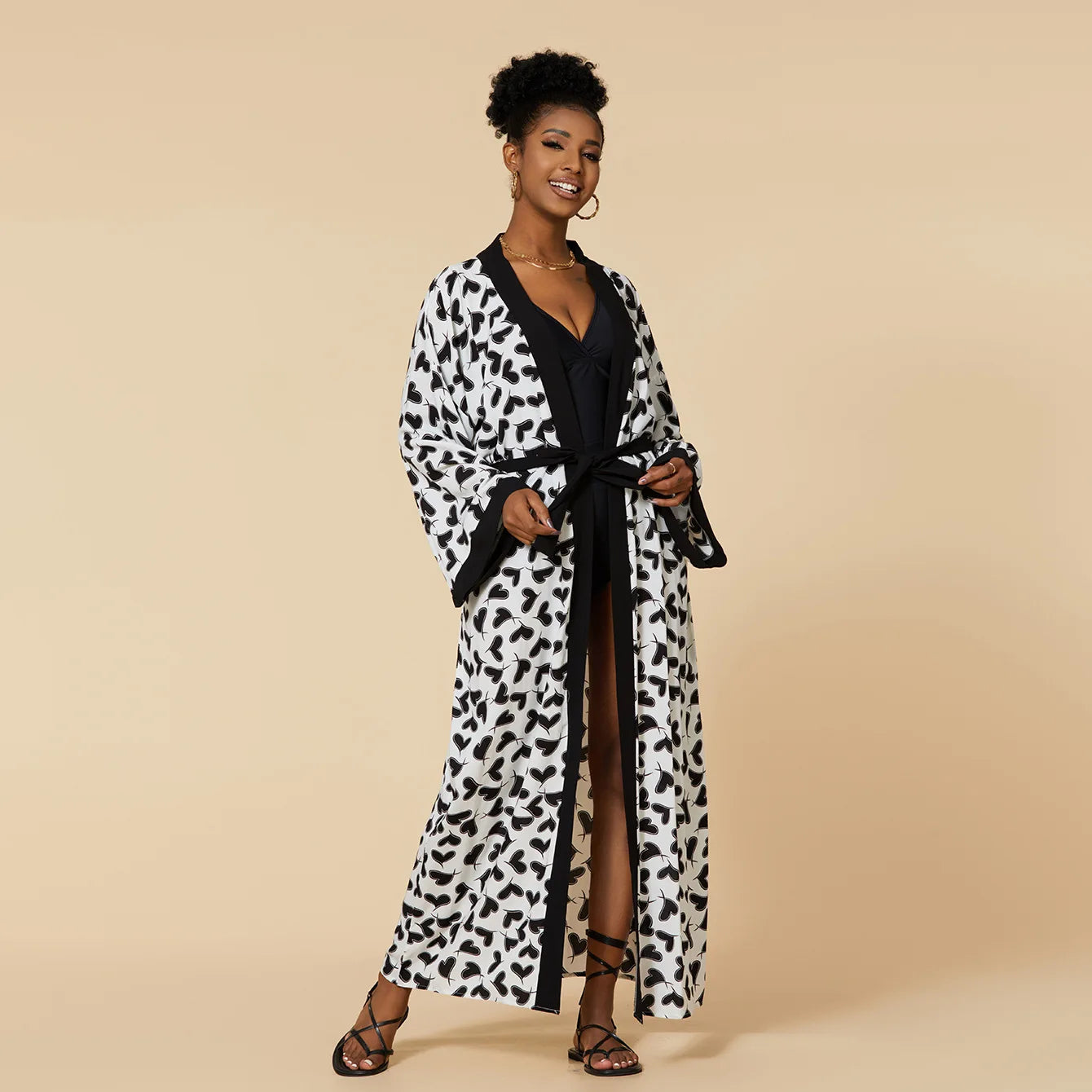 Women Long Beach Kimono Curve Hem Loose Open Front Tie Dye Bathing Suit Cover up