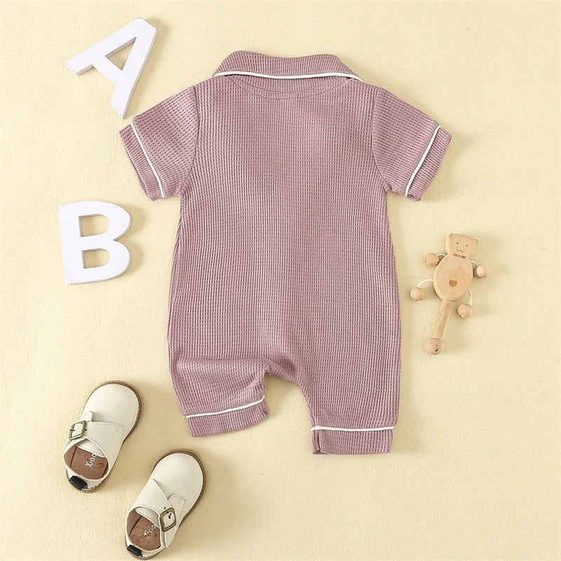 0-24months Baby Romper Pajama Lapel Neck Short Sleeve Trim Button Down Waffle Jumpsuit Infant Toddler Boys And Girls Sleepwear