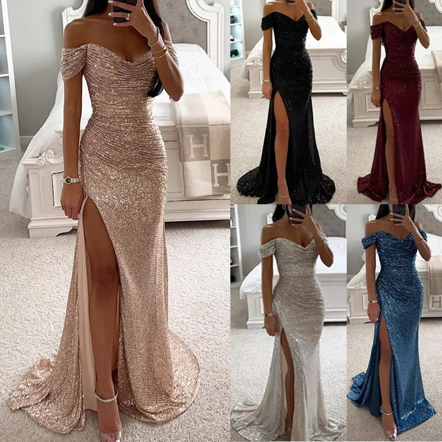 Women New Party Sequins Strapless Split Dress Casual Fashion Dress Solid Color High Waist Floor Length