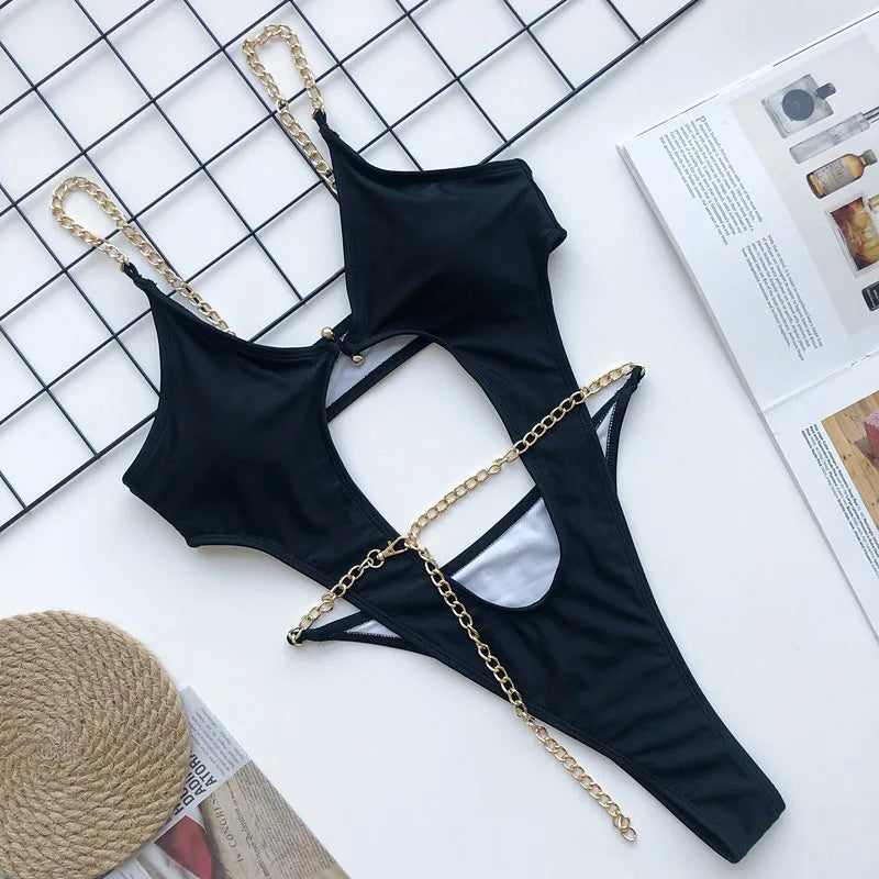 Women Luxury Sexy Swimsuit Halter Push Up Bandage Swimwear Bikini Thong Swimsuit Chain Push Up Beachwear