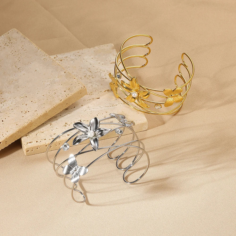 Exaggerated Flower Bangles For Women Gold Color Stainless Steel Flower Butterfly Geometric Bangle Jewelry Wedding Party Gift