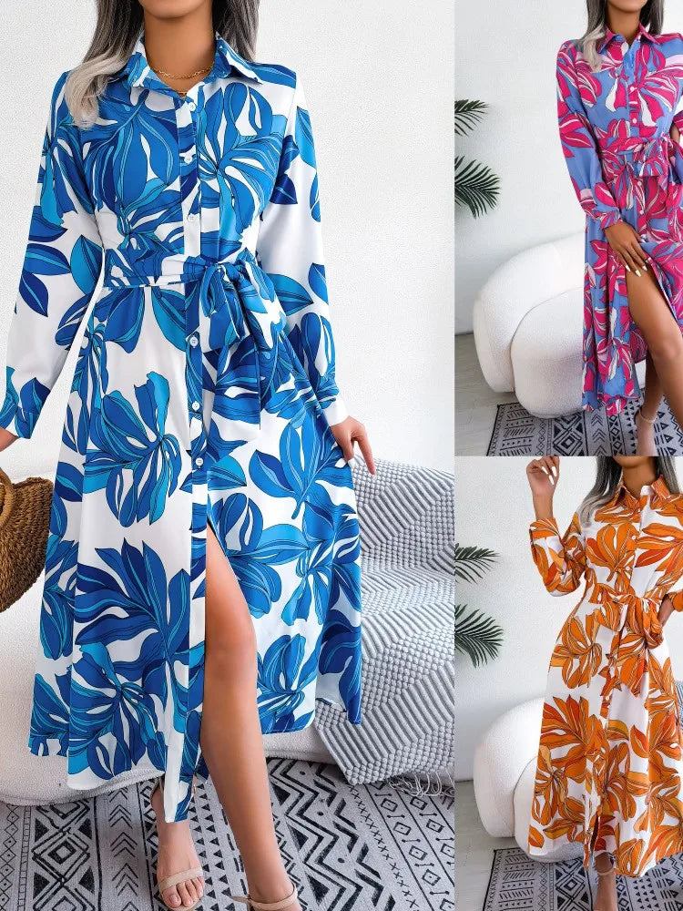 Women's Spring Summer New Fashion Print Contrasting Flower Lapel Tie Waist Cinched Long Sleeved Shirt Skirt Mid Length Skirt
