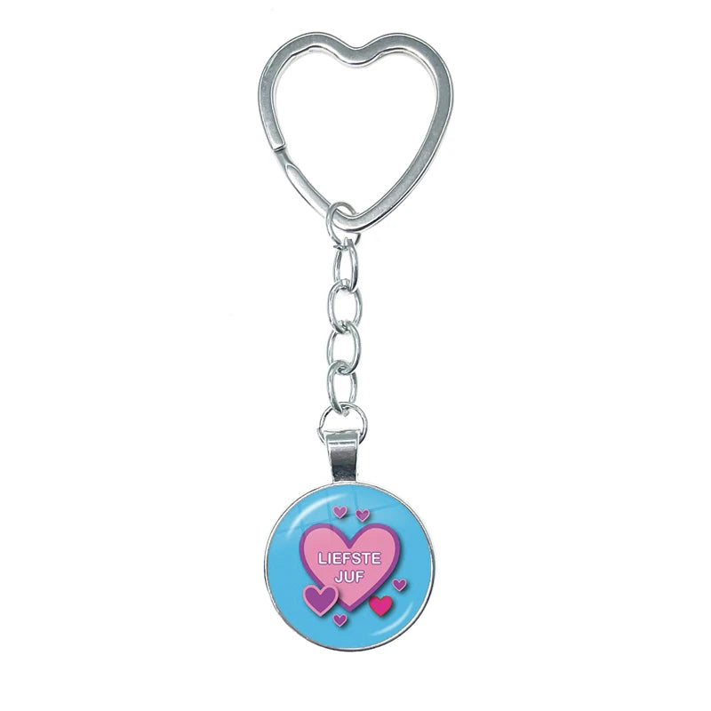 VOOR DE Liefste Juf Sleutelhanger Glass Heart Keychain Anneau Porte Clef Bedankt Juf Cadeau Letter Thank You Dear Teacher Gift