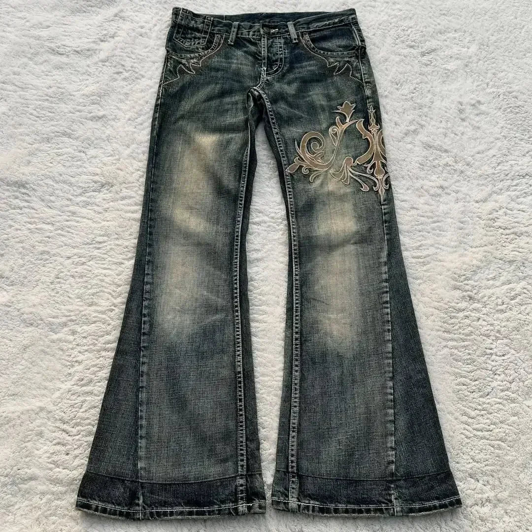 Y2K American Street Rhinestone Embroidery Flared Denim Jeans Casual Baggy Jeans Women High Waist Harajuku Wide Leg Jeans Unisex