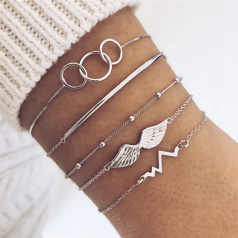 YOBEST 2024 New Heart Beads Chain Bracelets for Women, Silver Color Trendy Geometric Bracelets Set, Party Jewelry Accessories