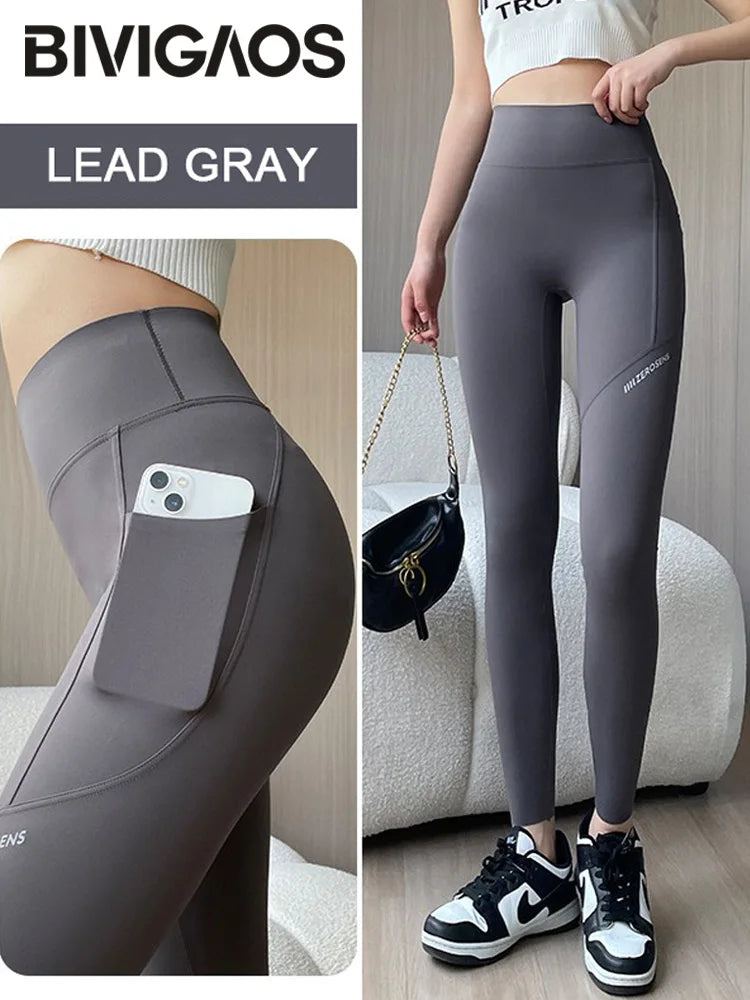 BIVIGAOS Side Pocket Shark Leggings Women Thin Spring Summer Seamless Sports Fitness Leggings High Waist Running Yoga Leggings