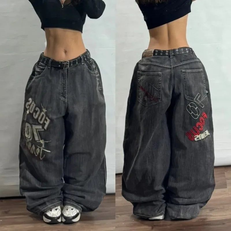Y2K American New Fashion Oversized Printed Washed Black Baggy Jeans Women Gothic Harajuku Vintage Rock High Waist Wide Leg Pants