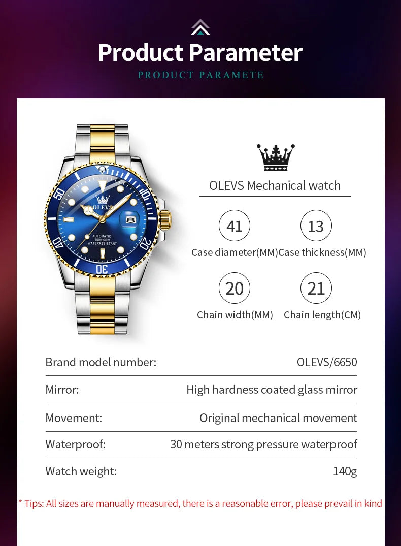 OLEVS 6650 Men's Watches Diving Series Waterproof Stainless steel Auto Date Automatic Mechanical Watch for Men