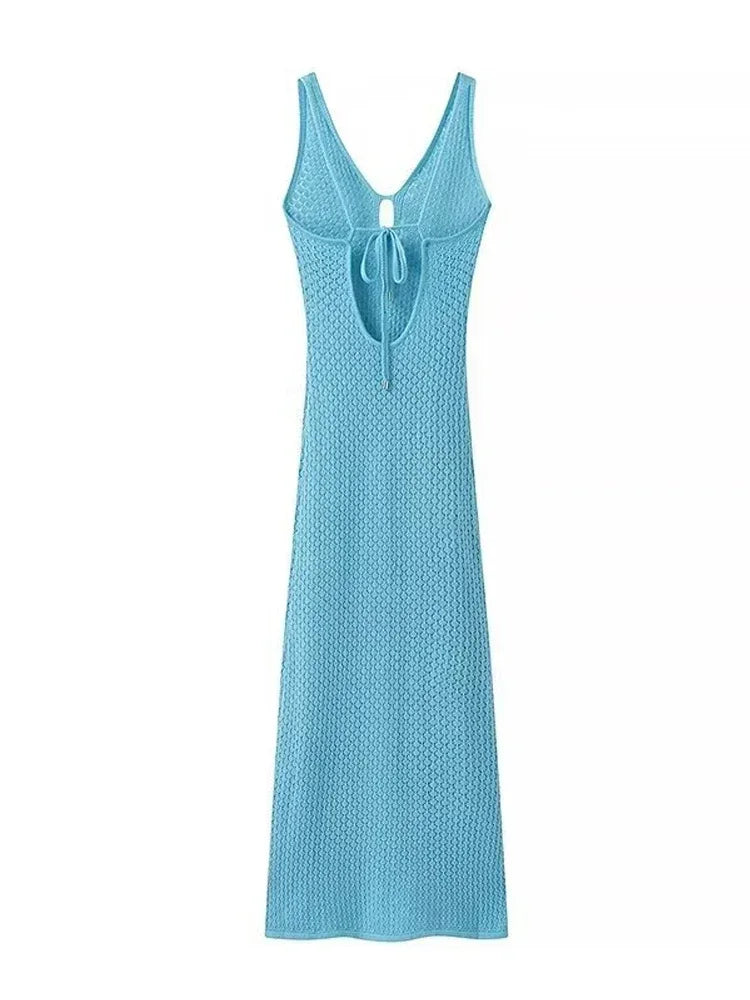 Sexy Deep V-neck Cut Out Halter 2025 Summer Women Knit Back Tie Up Slit Bodycon Beach Maxi Dress Swimsuit Swimwear Coverup A3027