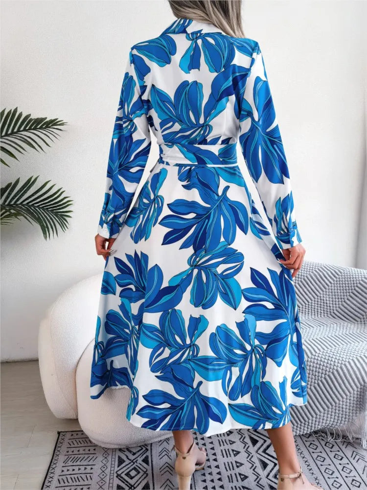 Women's Spring Summer New Fashion Print Contrasting Flower Lapel Tie Waist Cinched Long Sleeved Shirt Skirt Mid Length Skirt