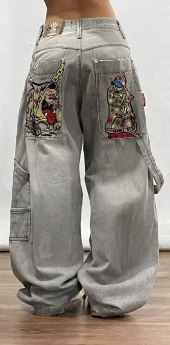 2024 New American Fashion Retro Hip hop Embroidery Pattern Baggy Jeans For Mens Womens Y2K Harajuku Gothic Wide Pants Streetwear