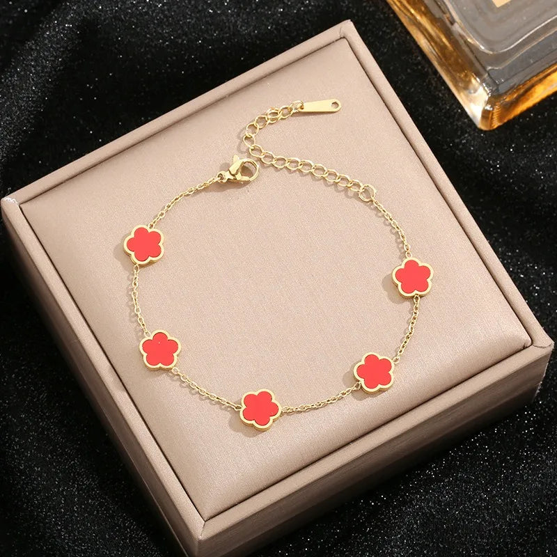 1Pc Fashion Titanium Steel Five Leaf Grass Plum Blossom Women's Bracelet, Elegant and Fashionable Jewelry