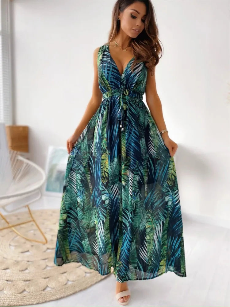 Women's Summer New Fashionable Printed Sexy V-neck Sleeveless Bareback Strap With Waist Drawstring Casual Loose Long Dress