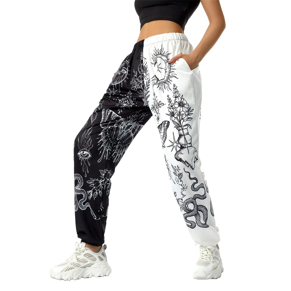 Women's Boho Hippie Harem Pants High Smocked Waist Printed Patchwork Sweatpants Yoga 90S Goth Baggy Casual Trousers