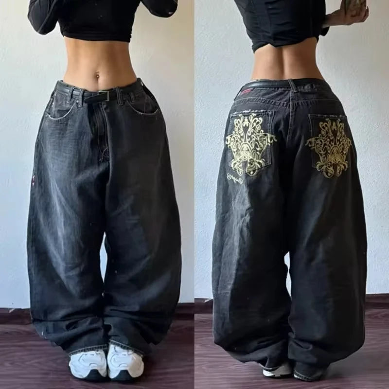 Y2K American New Fashion Oversized Printed Washed Black Baggy Jeans Women Gothic Harajuku Vintage Rock High Waist Wide Leg Pants