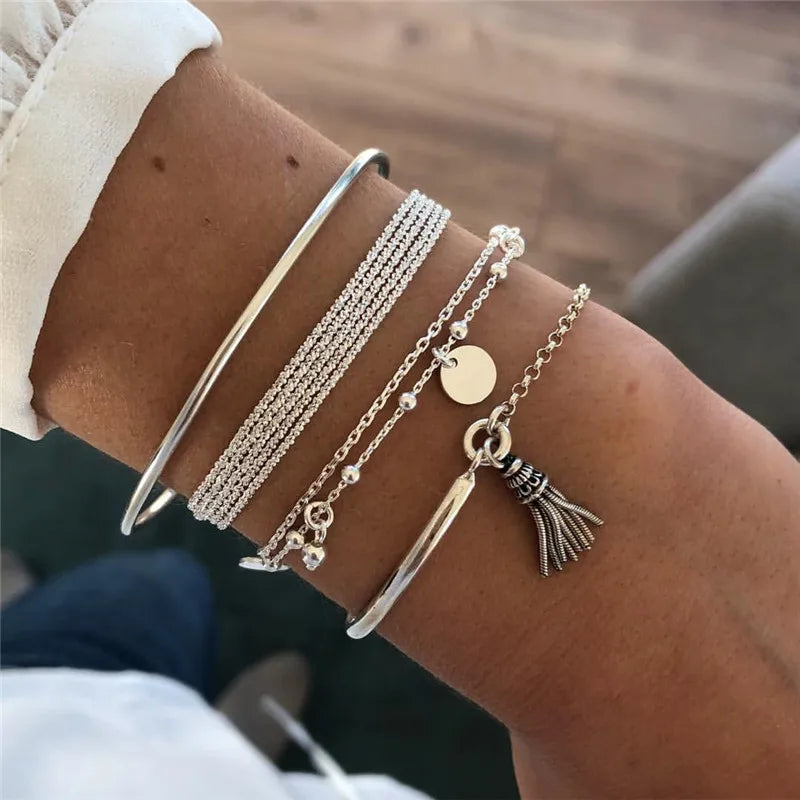 YOBEST 2024 New Heart Beads Chain Bracelets for Women, Silver Color Trendy Geometric Bracelets Set, Party Jewelry Accessories