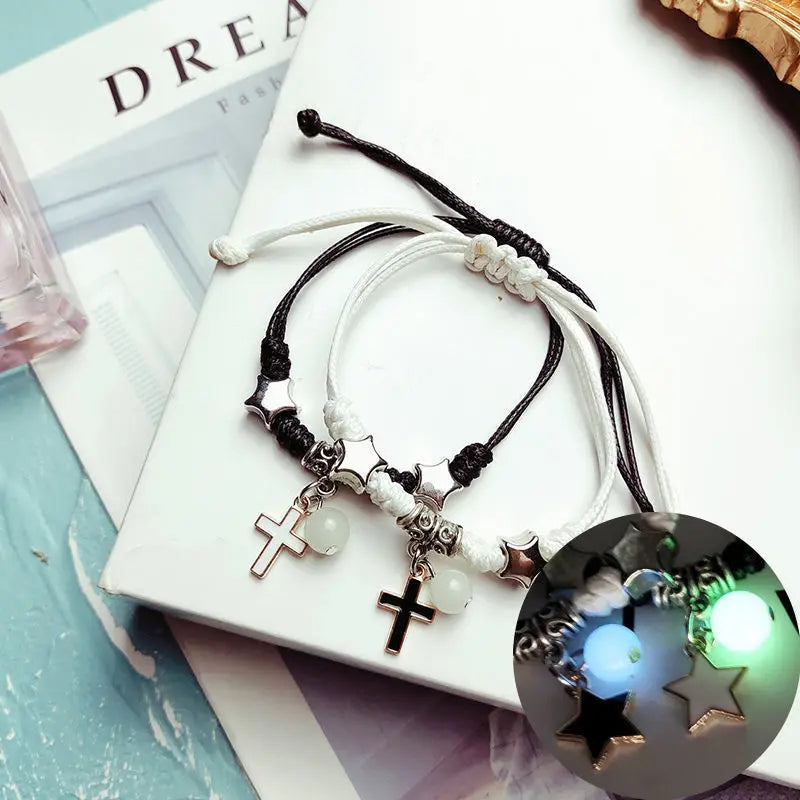2 Pcs Luminous Moon Star Bracelet Pair Of Adjustable Braided Rope Matching Friend Bracelet For Men Women Couples Gift Jewelry