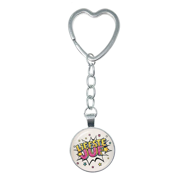 VOOR DE Liefste Juf Sleutelhanger Glass Heart Keychain Anneau Porte Clef Bedankt Juf Cadeau Letter Thank You Dear Teacher Gift