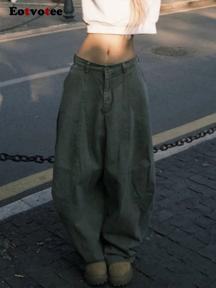 EOTVOTEE American Style Vintage Washed Jeans for Women Y2k Fashion High Waist Wide Leg Cargo Pants 2025 New Casual Cargo Jeans