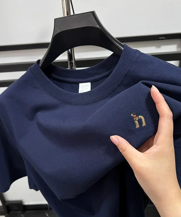 100% pure cotton new high-end brand men's round neck short sleeved T-shirt summer fashion dog embroidery Korean loose design top