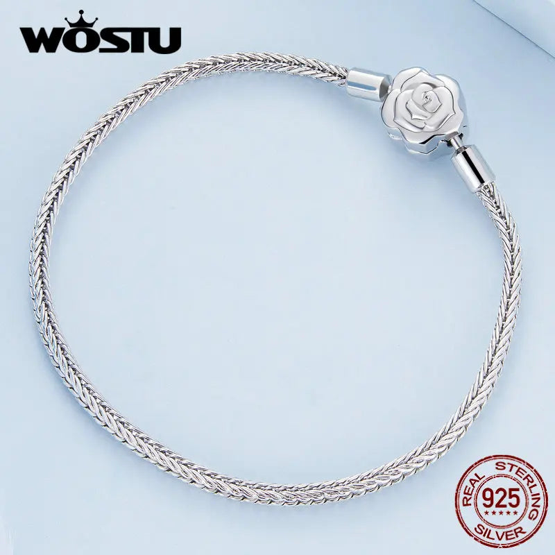 WOSTU 925 Sterling Silver Rose Flower Shiny CZ Basic Snake Chain Bracelets Charm Women Hand Wrist Bangle DIY Jewelry Making Gift